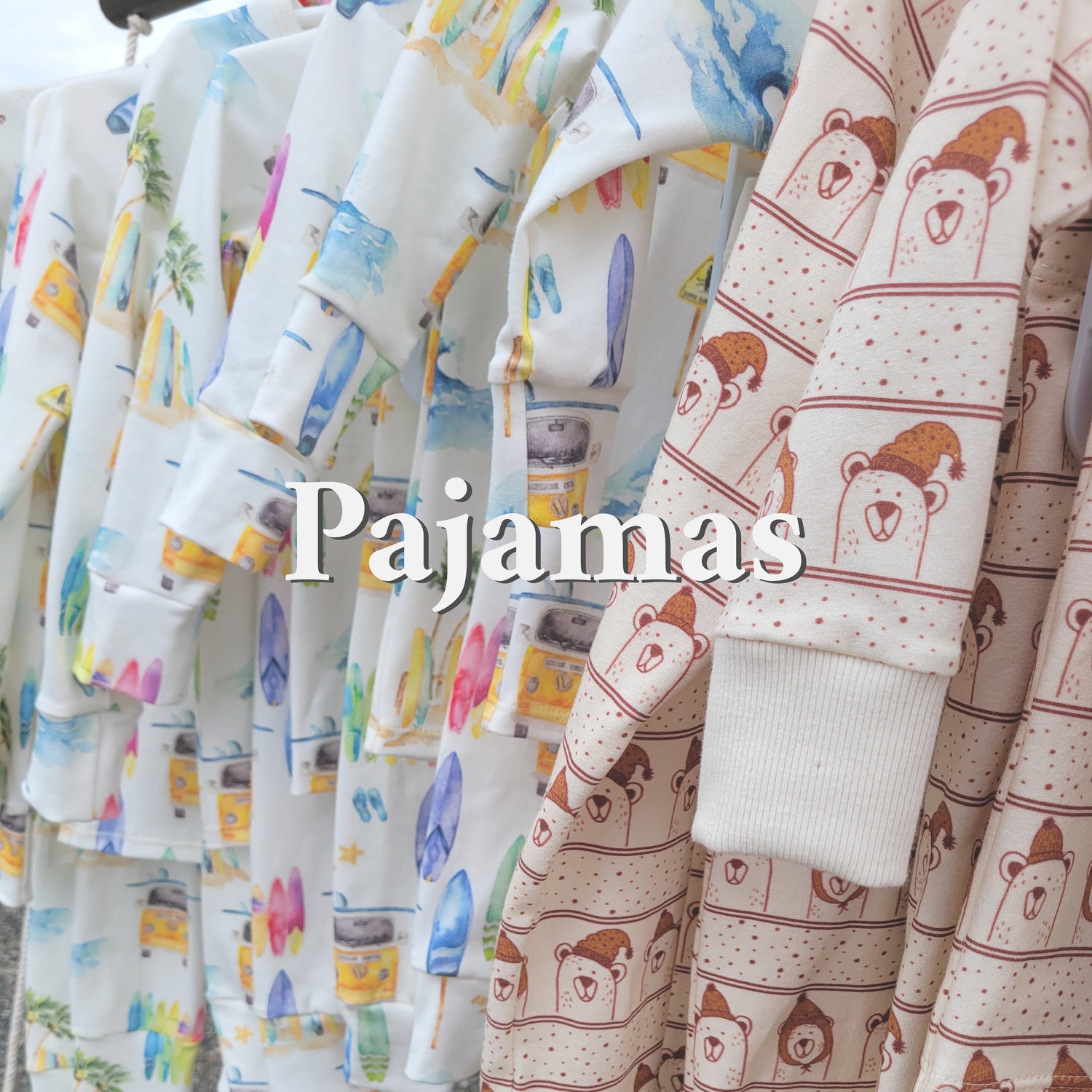 Multiple sets of organic pajama sets.