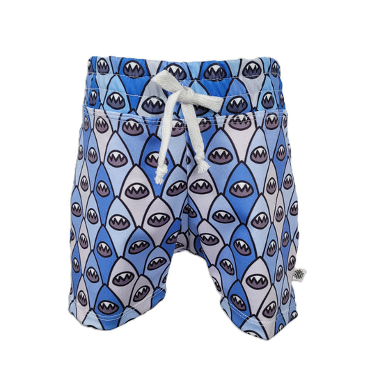Boys shark bite blue and grey colored swim shorts