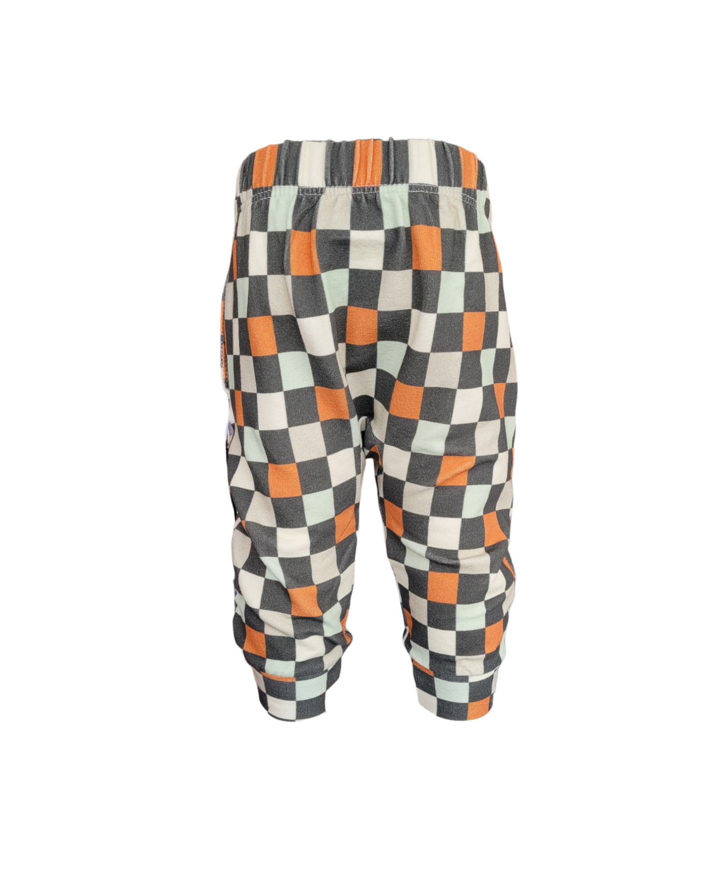 Front of Autumn Checkered Sweatpants. Organic Black, Orange, Olive and Cream Checkered Sweatpants.