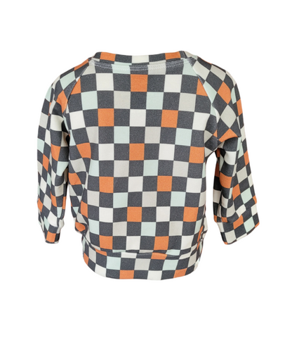 Back of Autumn Sweatshirt. Organic Black, orange, olive and cream checkered sweatshirt.