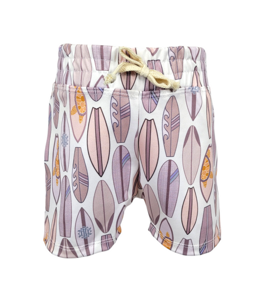 Boys Swim Shorts - White with Natural colored surfboards and Turtles.
