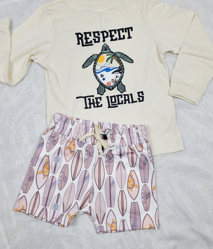 Boys Swim Shorts - White with Natural colored surfboards and Turtles matched with a natural colored long sleeve and turtle design