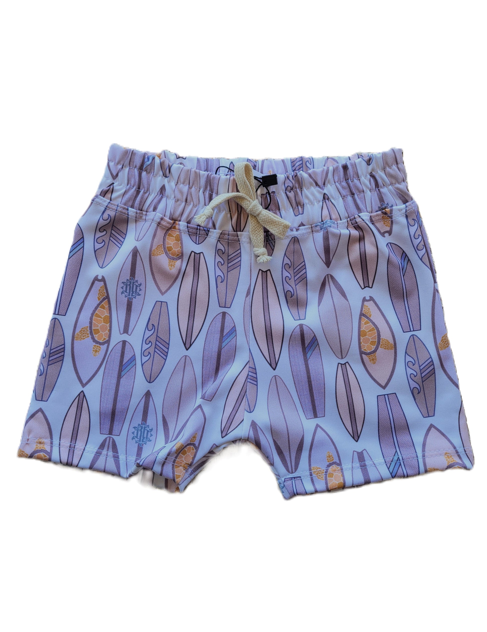 Front of Boys Swim Shorts - White with Natural colored surfboards and Turtles