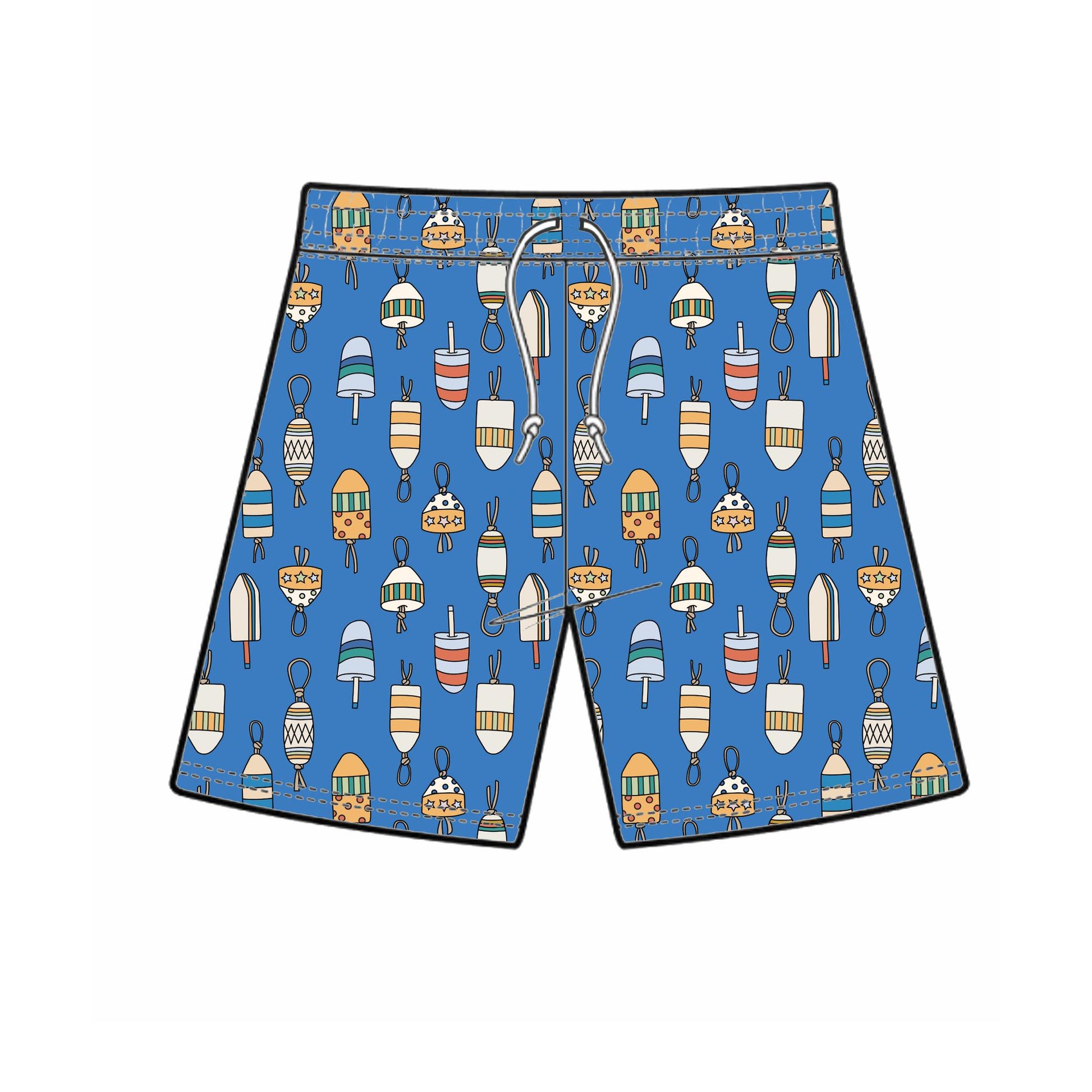Front of buoy swim shorts mock up. Blue with multi colored buoy pattern