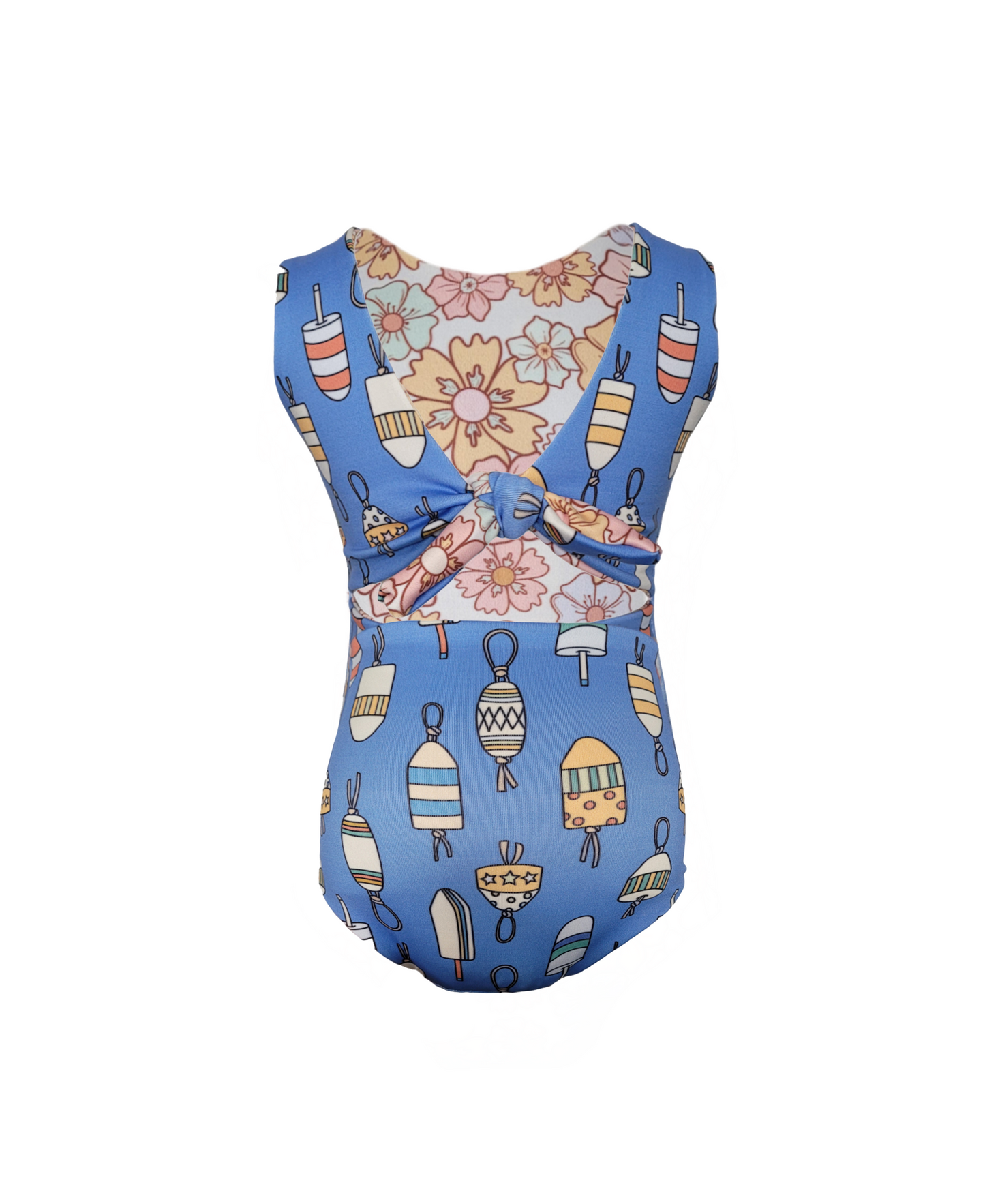 Girls reversible swimsuit. Blue with multicolored buoys.