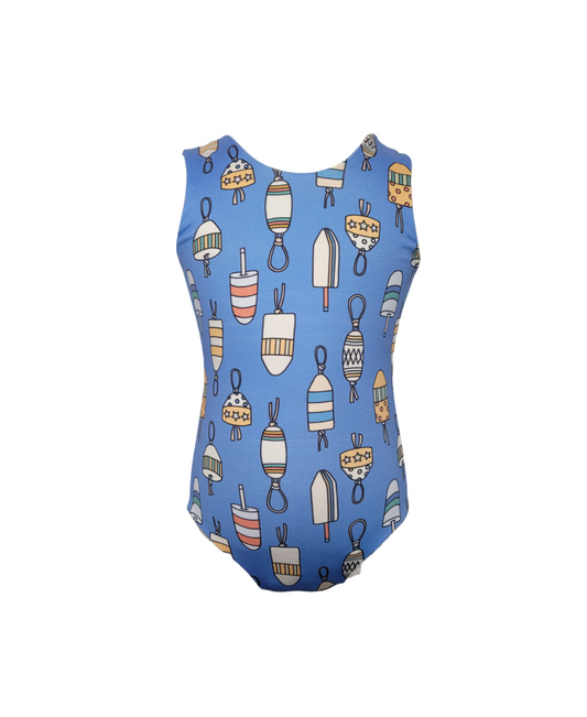 Girls reversible swimsuit. Blue with multicolored buoys.
