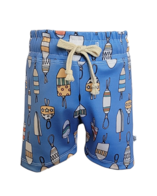 Front of sustainable boys Swim Shorts. Blue with multicolored Buoy print