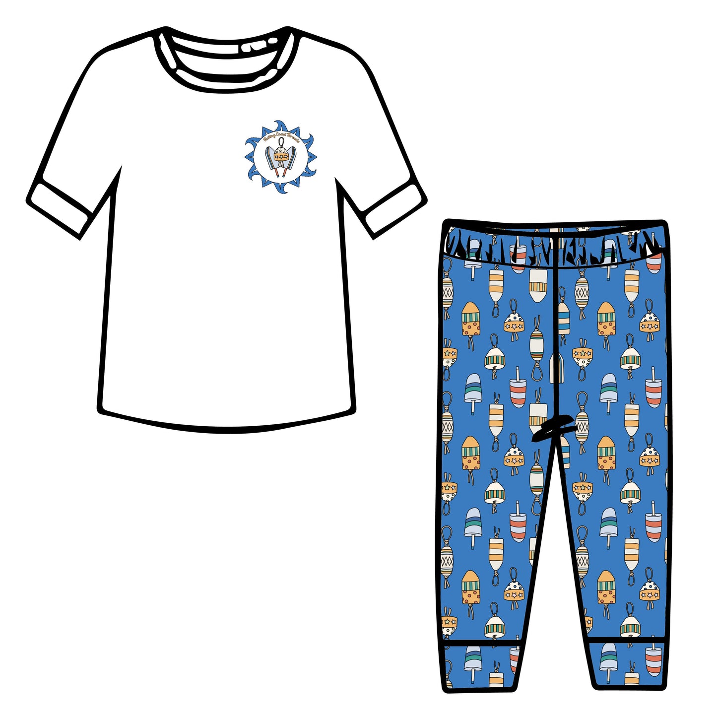 Mock up of toddler buoy pajama set with tee shirt. Blue with multi colored buoy pattern.