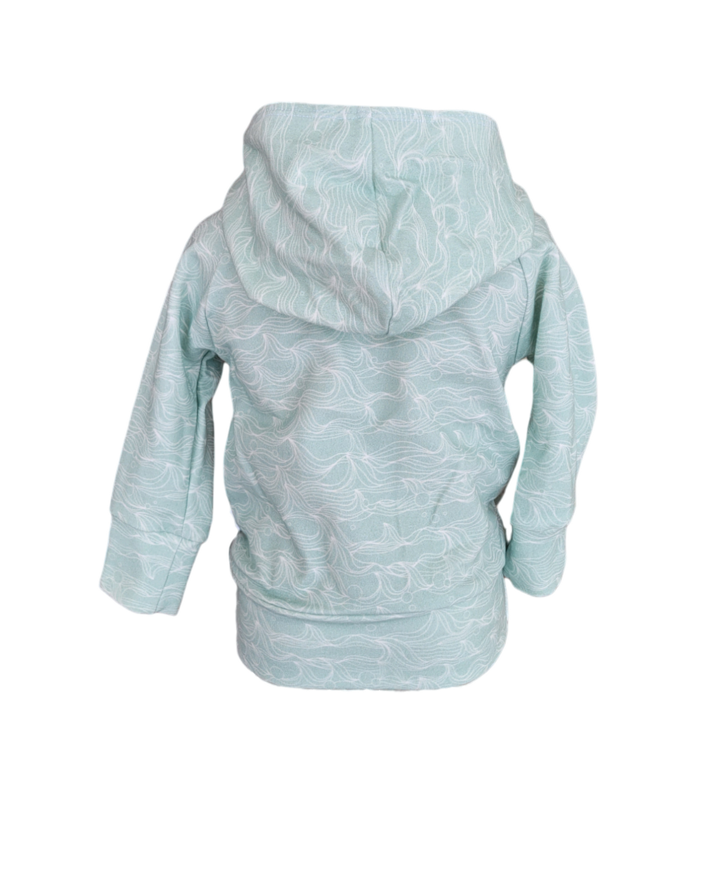 Back of Celestial Waves Hoodie. Organic light green hoodie with white lined waves. 