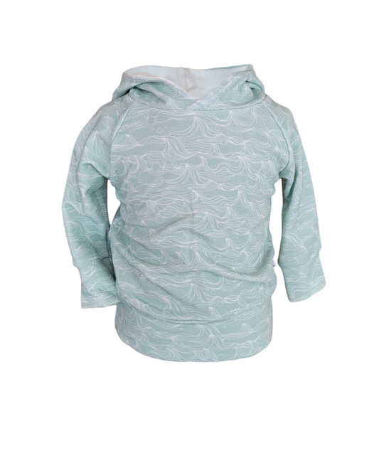Front of Celestial Waves Hoodie. Organic light green hoodie with white lined waves. 