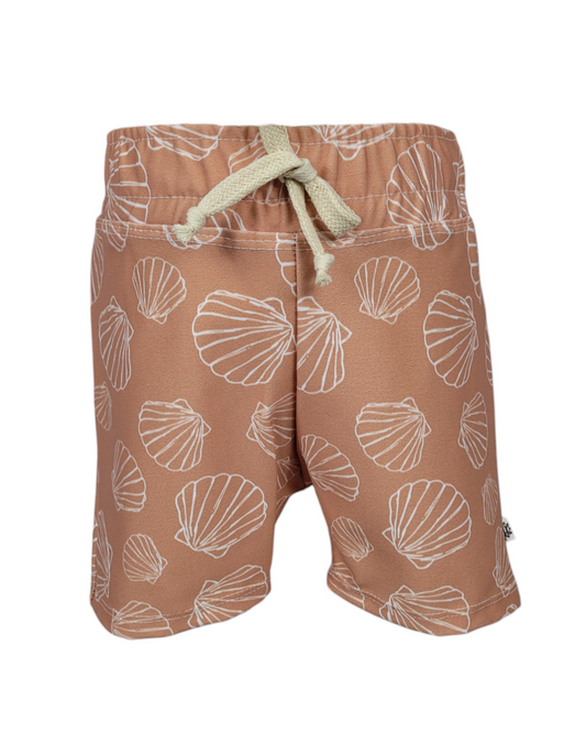 Front of sustainable boys Copper Swim Shorts with white outlined scallops