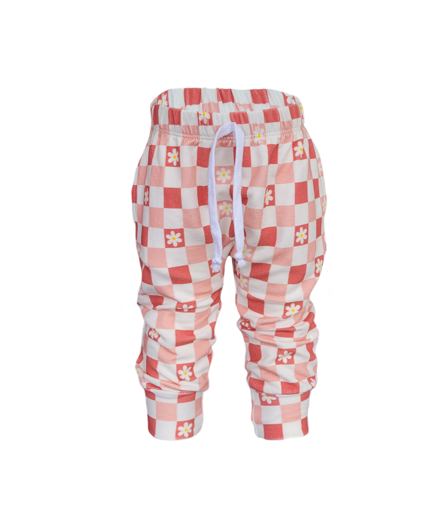 Front of Pink Daisy Sweatpants. Organic white and Pink Checkered sweatpants with white daisy's. 