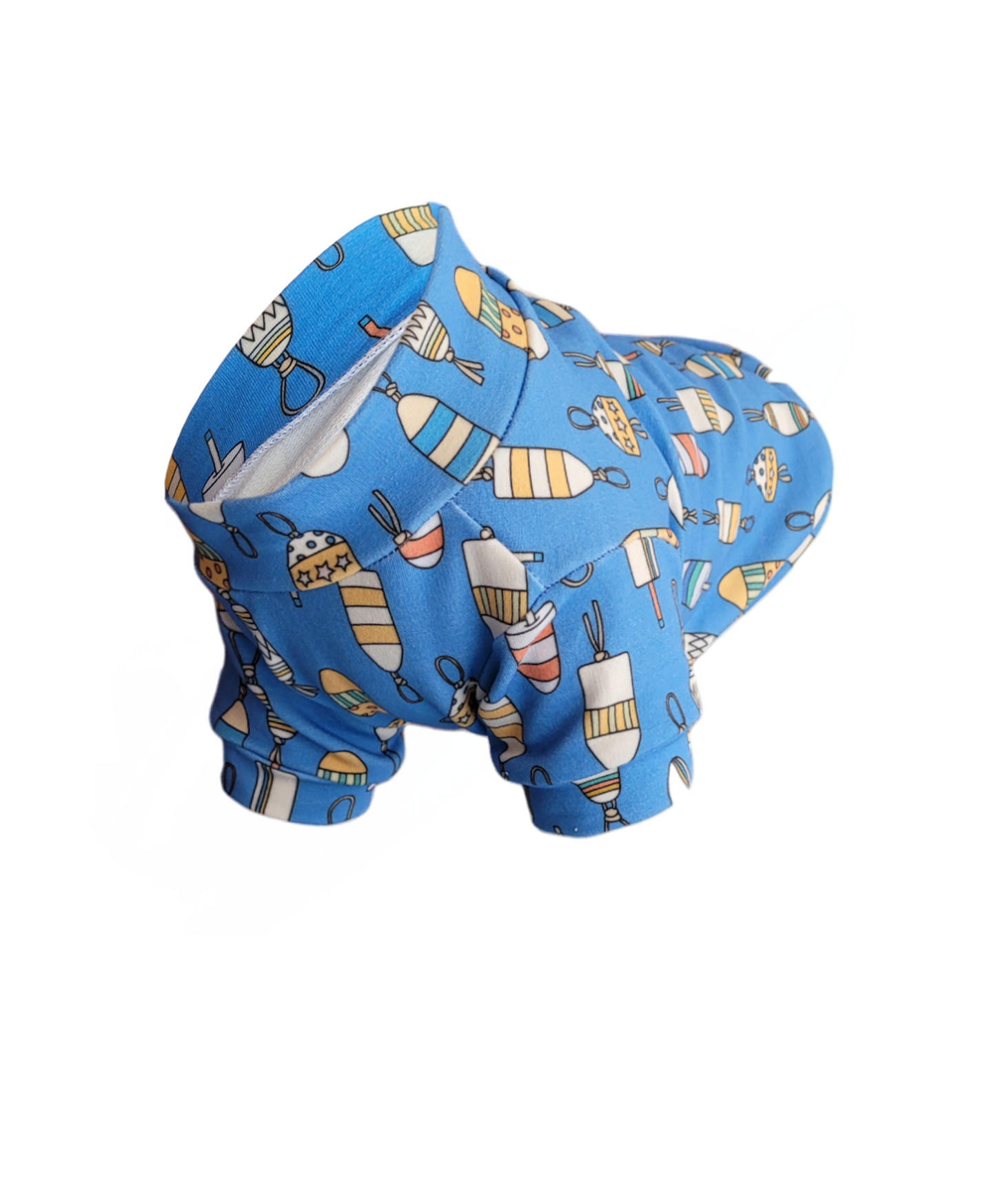 Organic Dog Sweater. Blue dog sweater with multicolored Buoy print