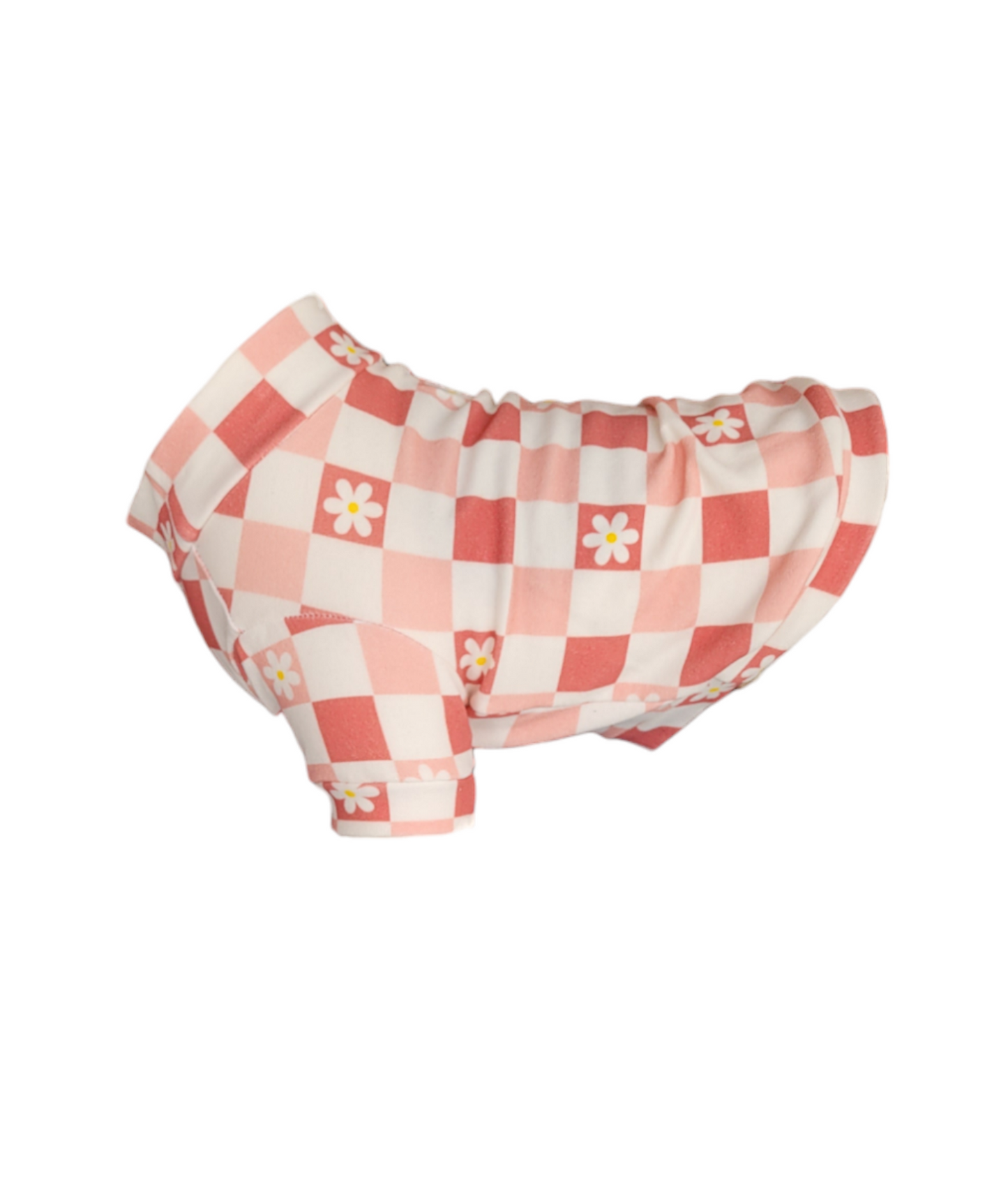 Organic Dog Sweater. White and pink dog sweater checkered and white daisy's