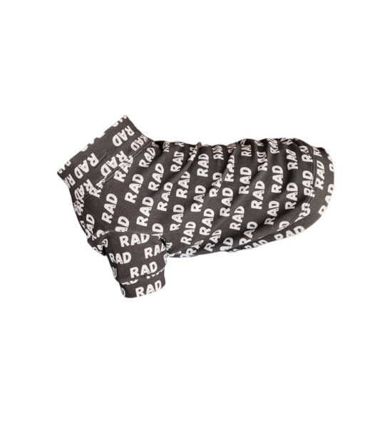 Organic Dog Sweater. Black dog sweater with white RAD written throughout pattern.