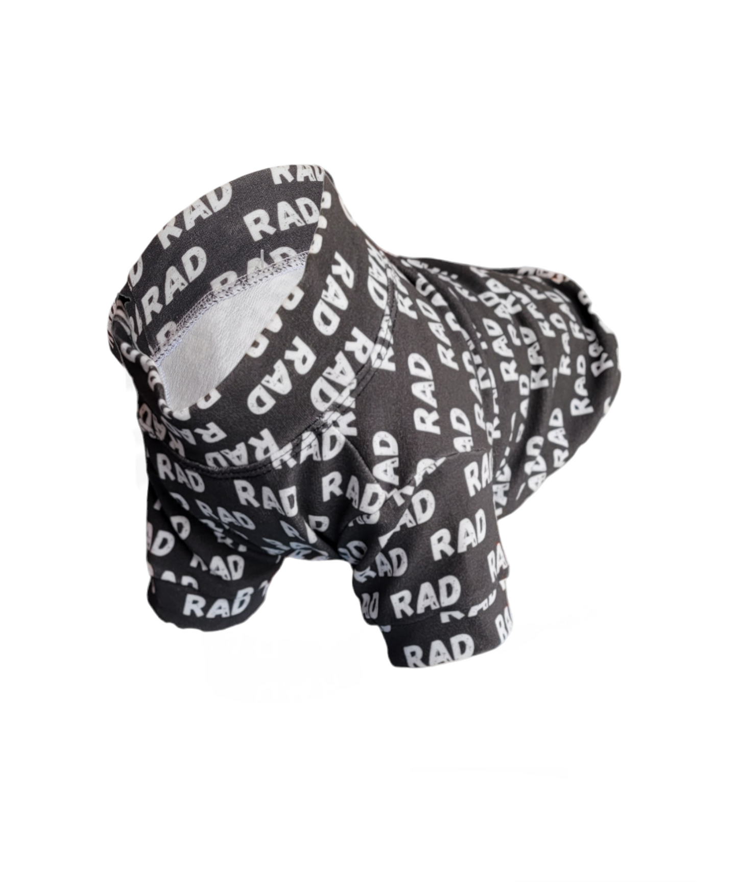Organic Dog Sweater. Black dog sweater with white RAD written throughout pattern.