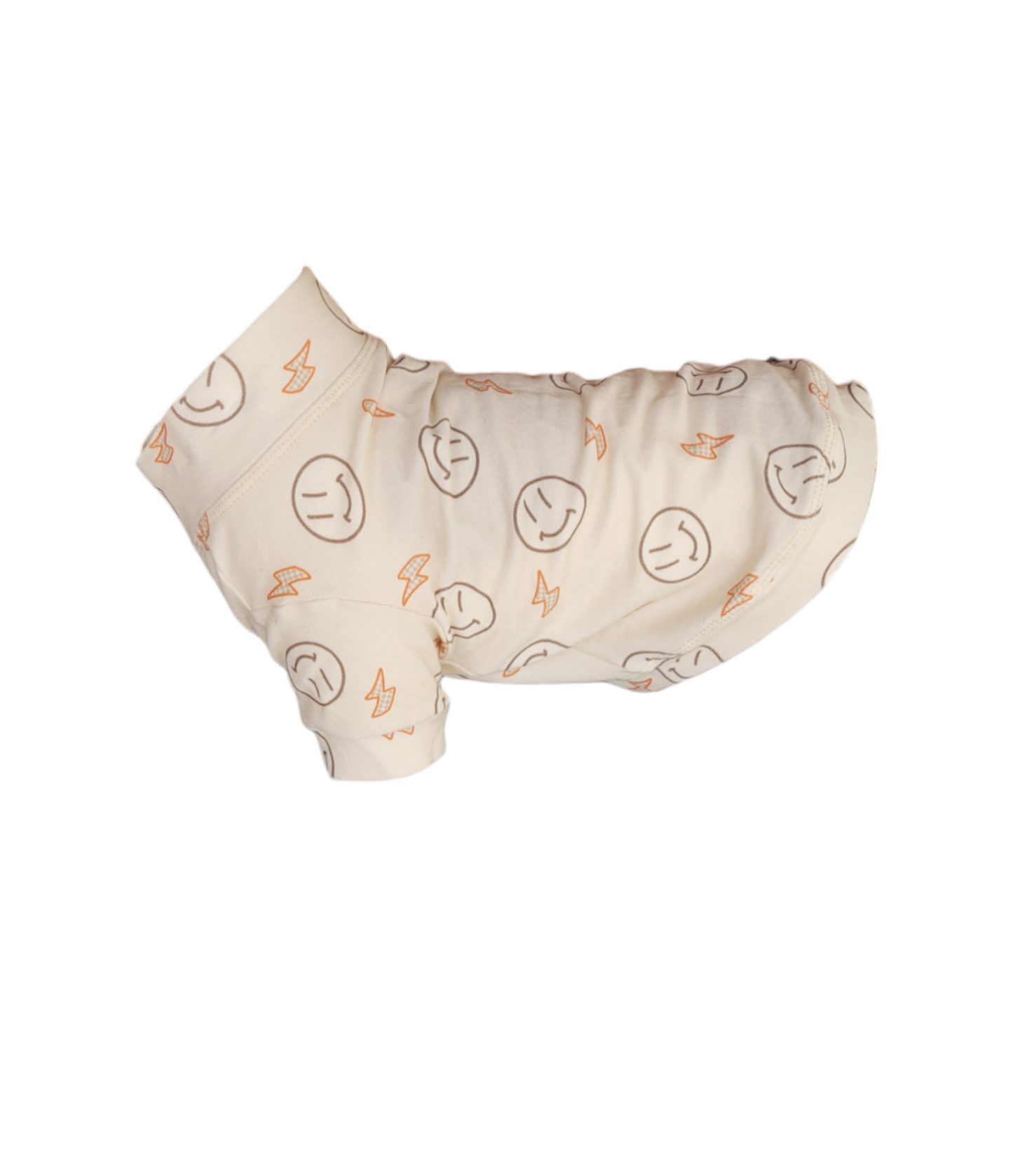 Organic Dog Sweater. Cream dog sweater with orange lighting bolts and smiley face outlines