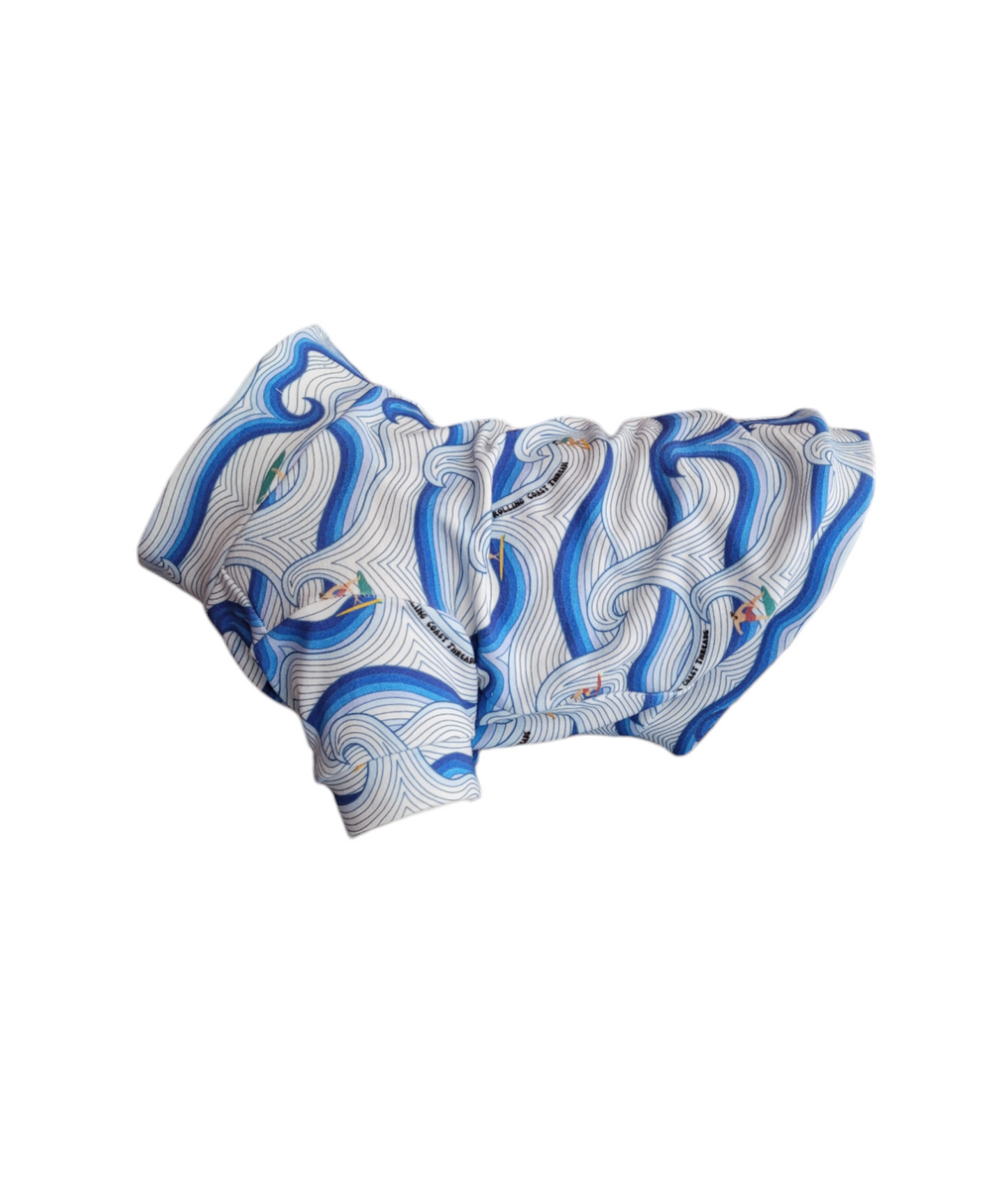 Organic Dog Sweater. White and blue wave dog sweater with surfers.