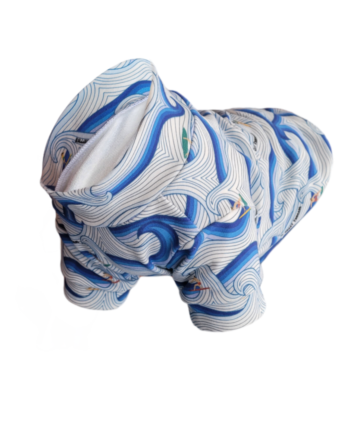 Organic Dog Sweater. White and blue wave dog sweater with surfers.