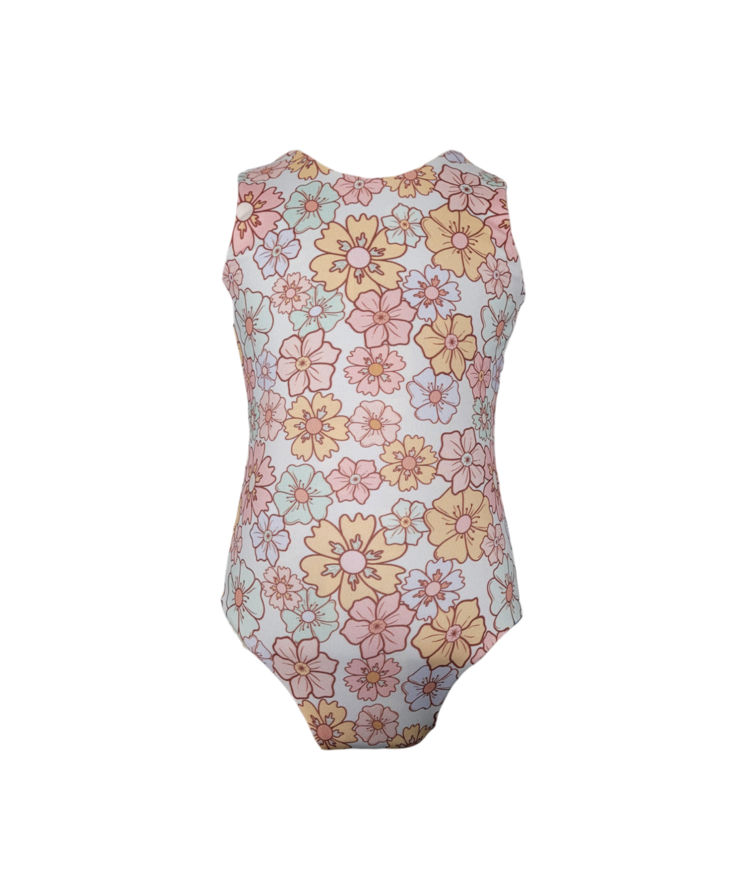 Girls reversible swimsuit. Light Pink with pastel flowers.