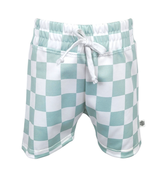 Boys white and mint green checkered swim shorts