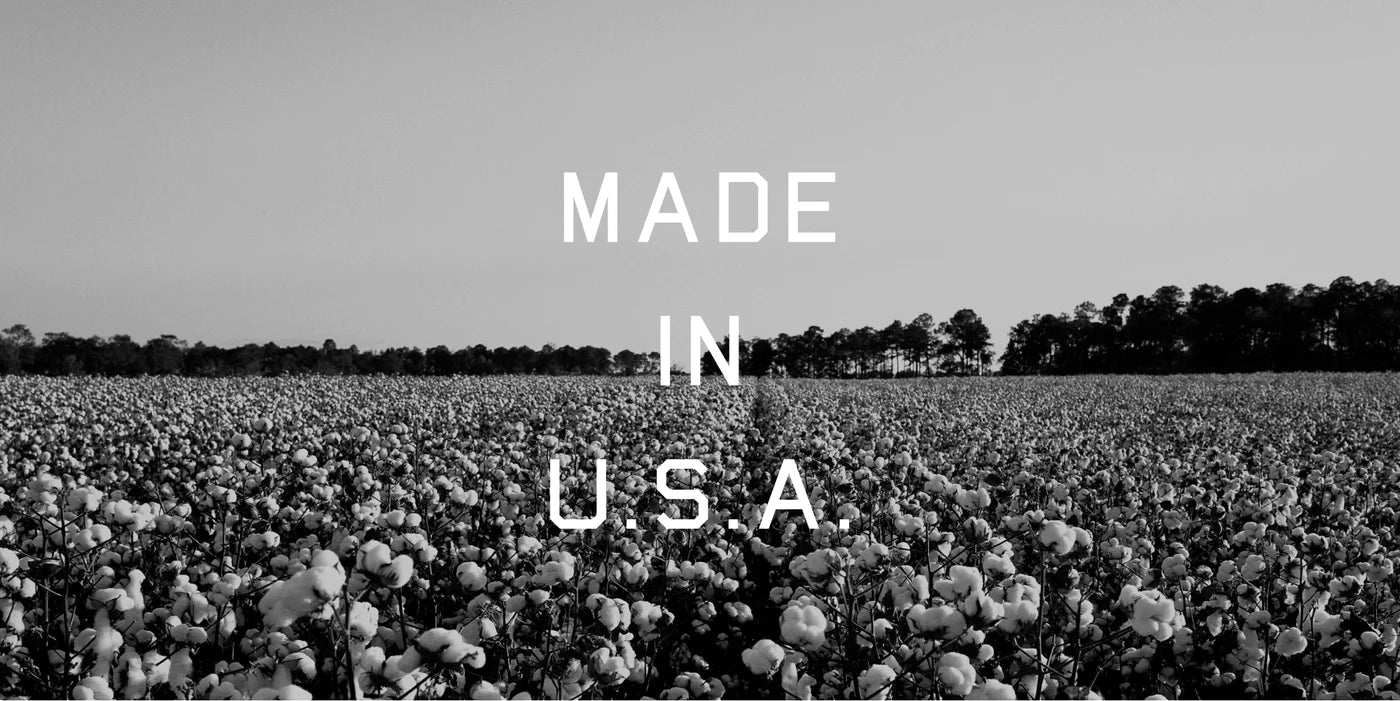 organic cotton fields with "Made in USA" text overlay