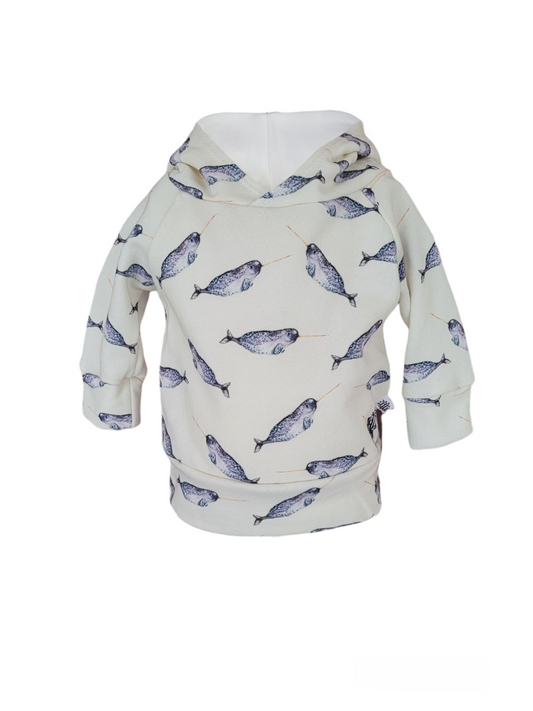 Front of Narwhal Hoodie. Organic white Hoodie with blue realistic narwhal pattern.
