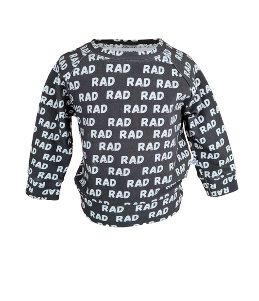 Back of Rad Sweatshirt. Organic black sweatshirt with white Rad pattern.