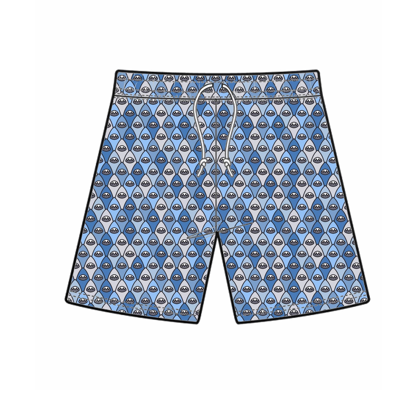 Mock up of Boys shark bite blue and grey colored swim shorts
