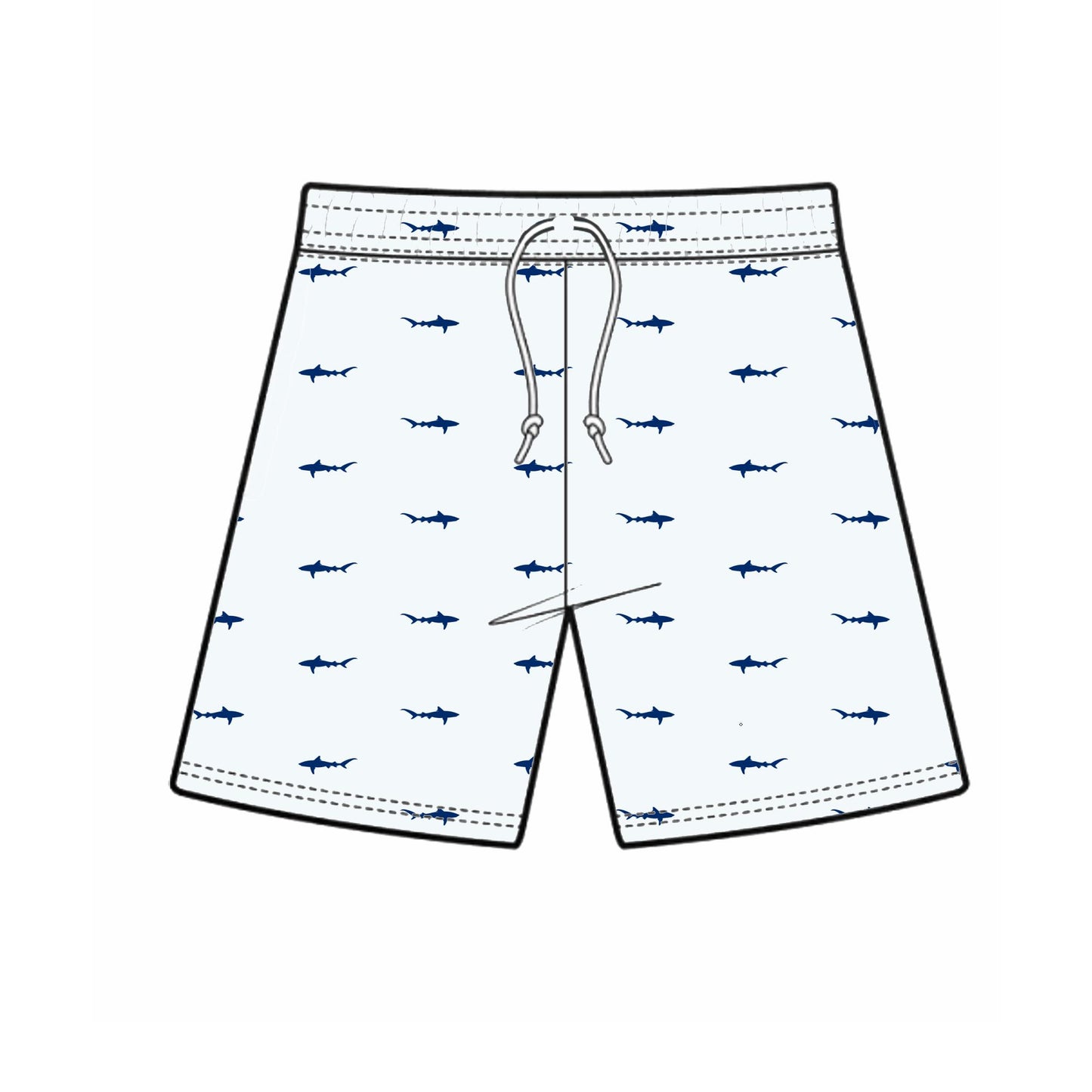 Mock up of Boys white swim shorts with small blue sharks