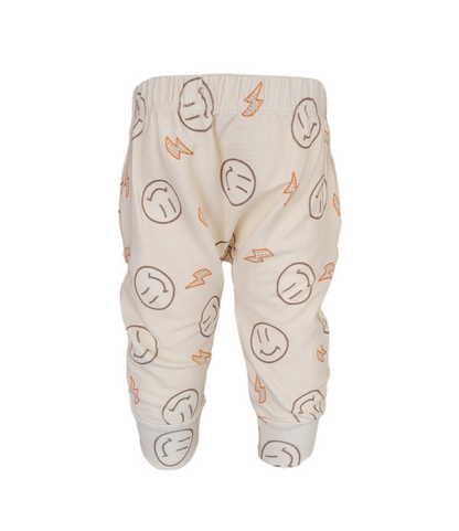 Back of Smiley Sweatpants. Organic cream colored sweatpants with orange lightening bolts and outlined smiley faces.
