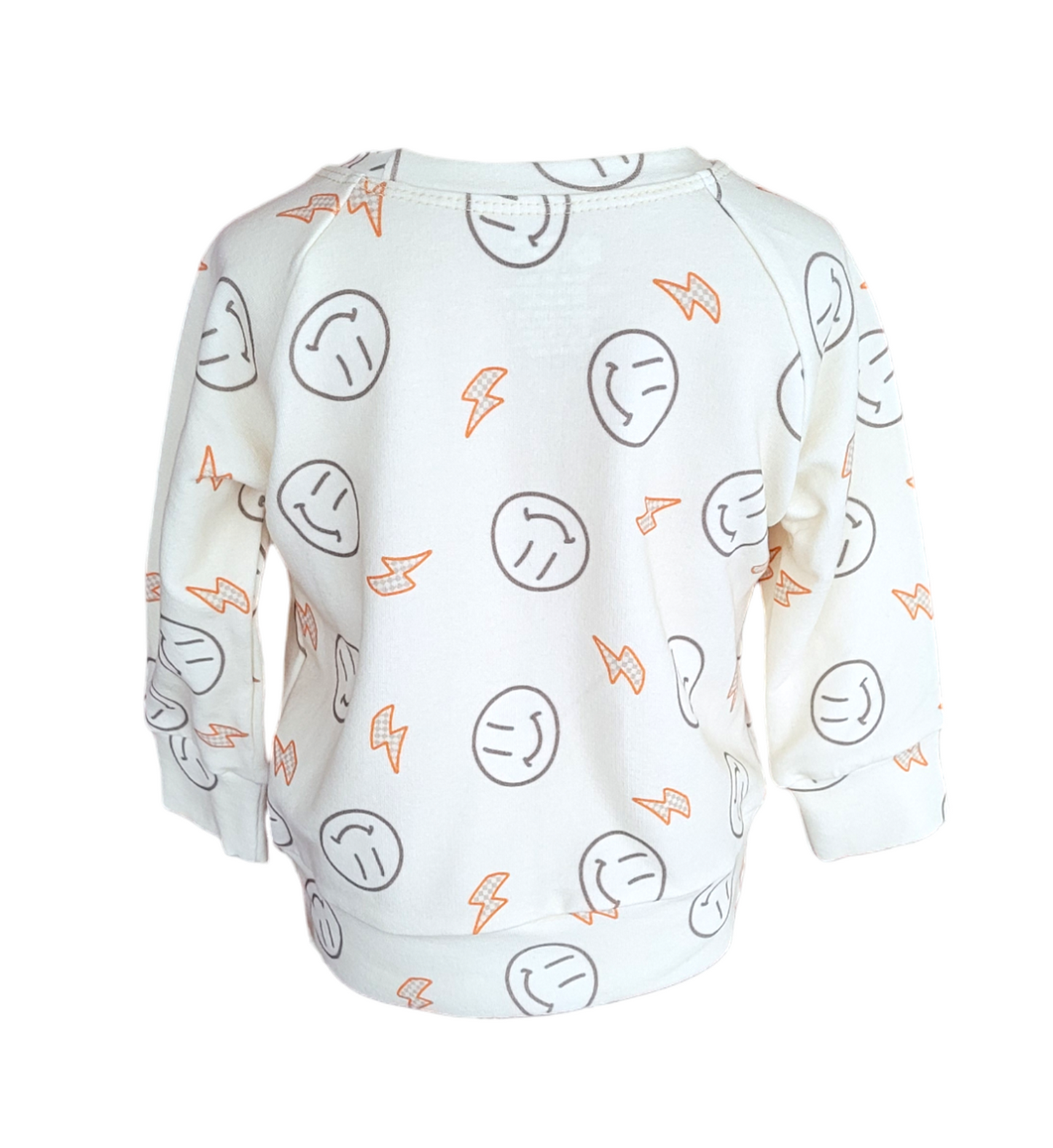 Back of Smiley Sweatshirt. Organic Cream sweatshirt with orange lightening bolts and outlined smiley faces.