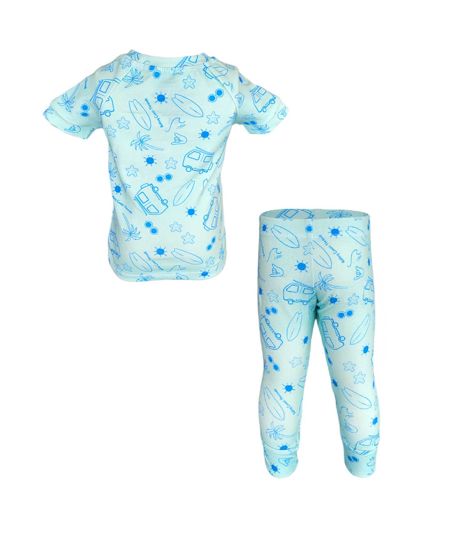 Back of Summer Lovin' Pajama Set. Organic teal short sleeve and pant set with blue beach elements.