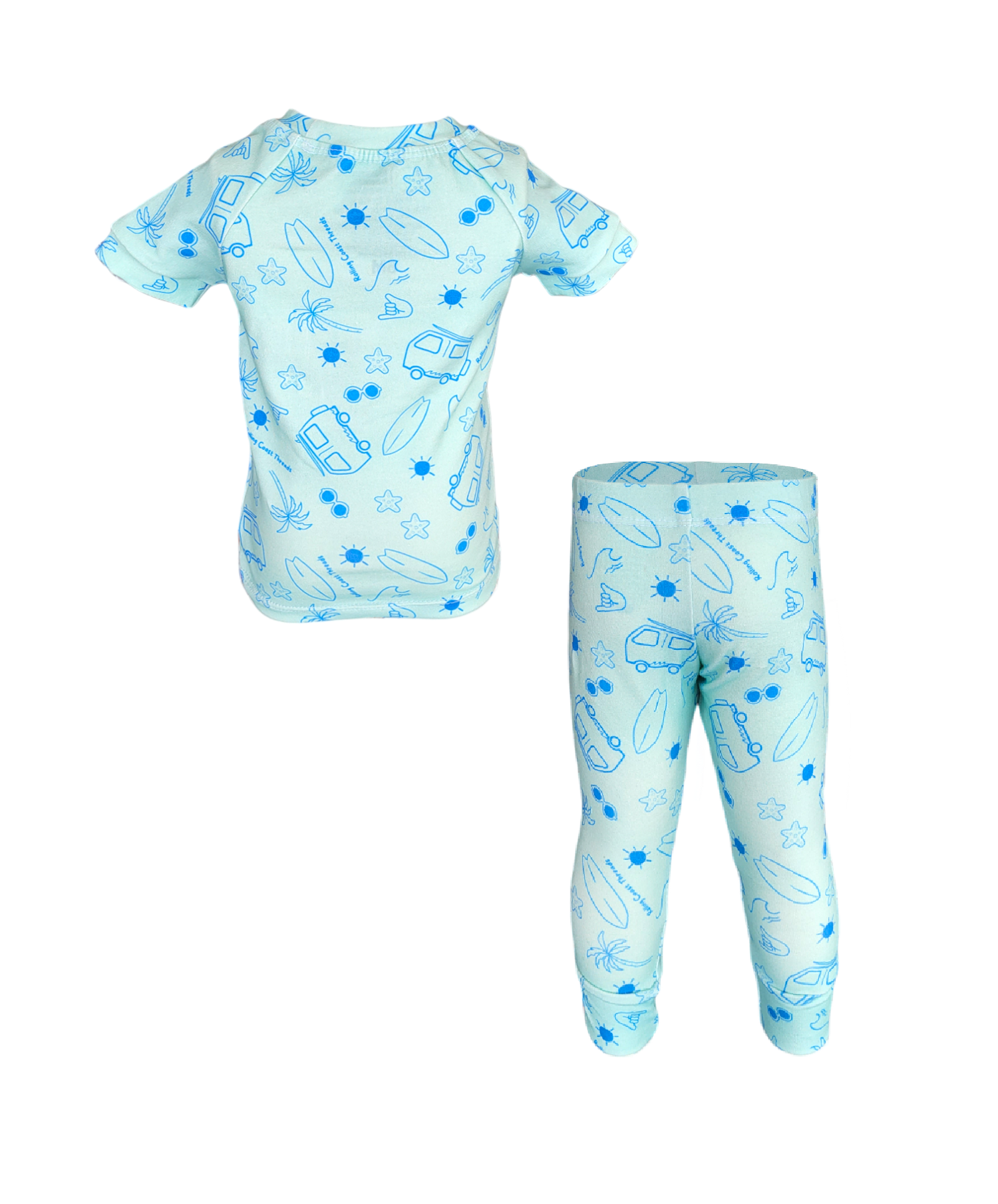 Back of Summer Lovin' Pajama Set. Organic teal short sleeve and pant set with blue beach elements.