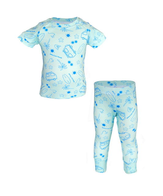 Front of Summer Lovin' Pajama Set. Organic teal short sleeve and pant set with blue beach elements.
