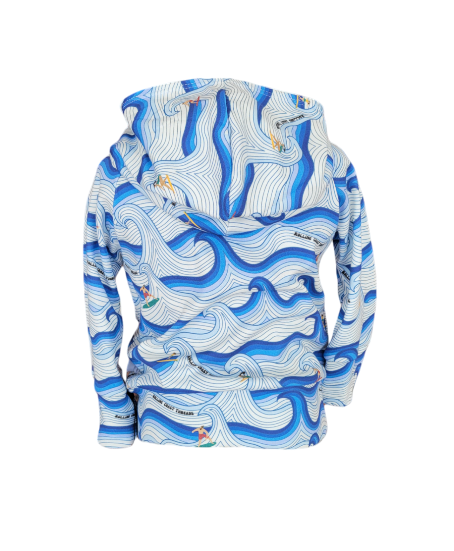 Back of Surf Hoodie. Organic hoodie with surfers riding white and blue waves.