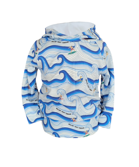 Front of Surf Hoodie. Organic hoodie with surfers riding white and blue waves.