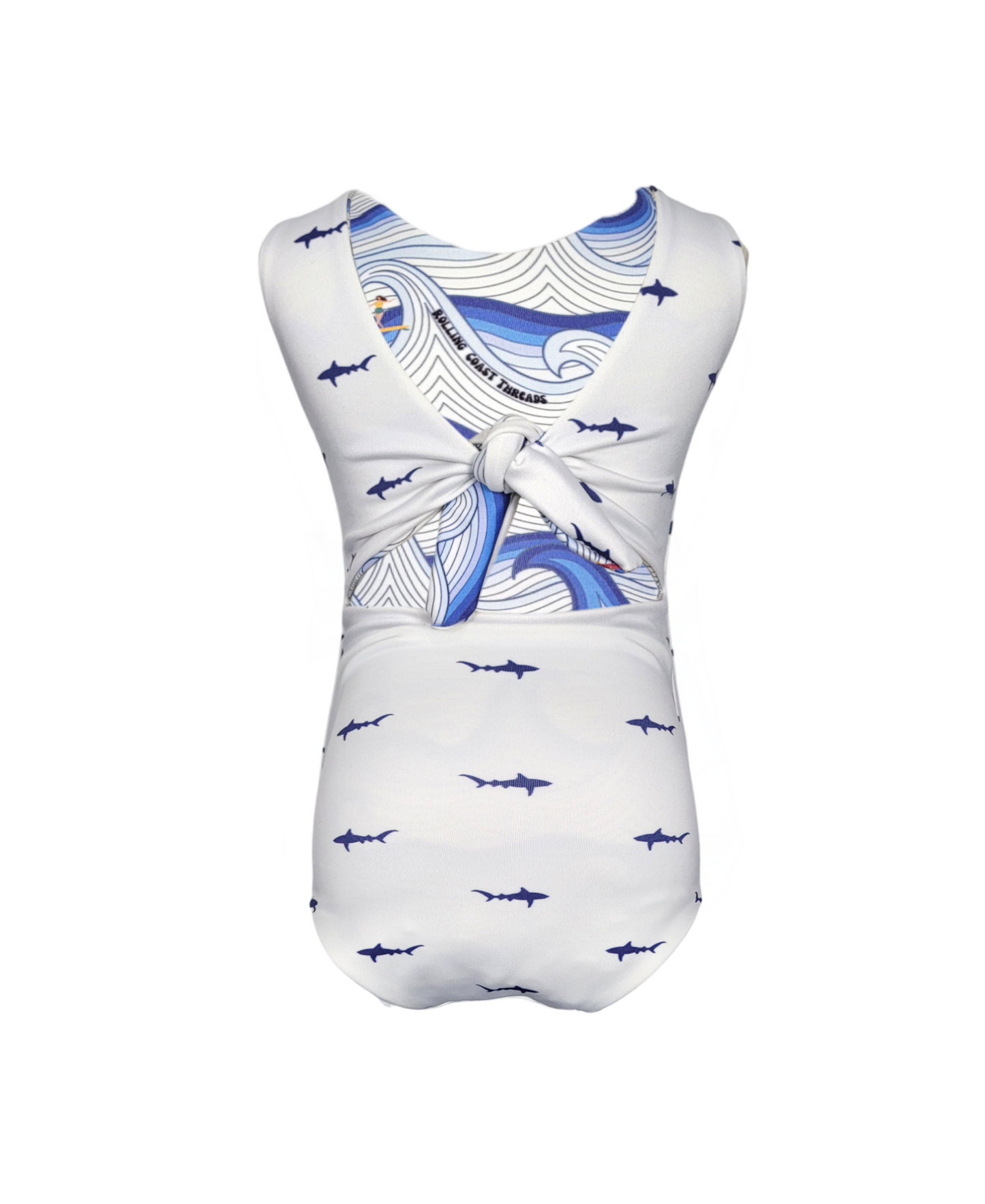Girls Reversible Swimsuit. White with small blue sharks.