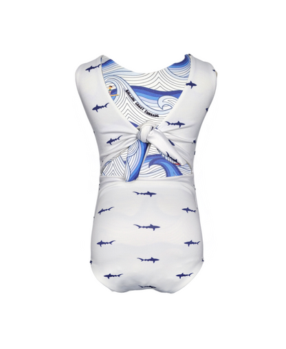Girls Reversible Swimsuit. White with small blue sharks.