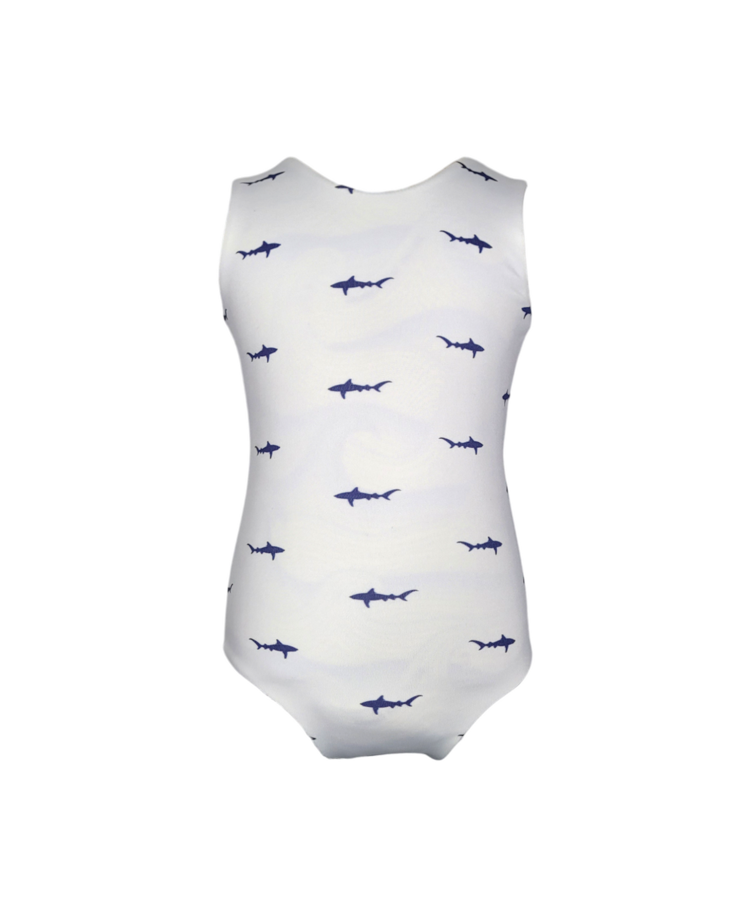 Girls Reversible Swimsuit. White with small blue sharks.
