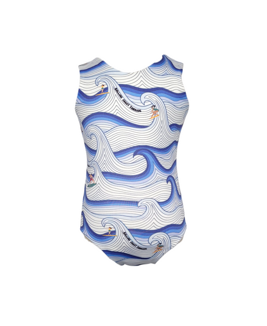 Girls reversible swimsuit. Surfers on white and blue waves.