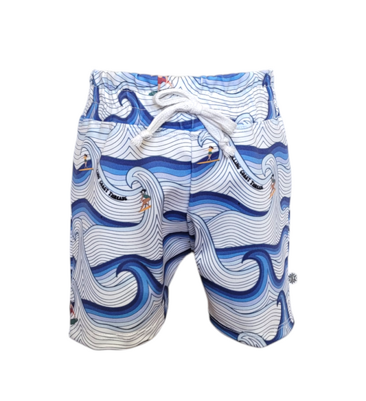 Front of sustainable boys swim shorts. White and blue waves with surfers
