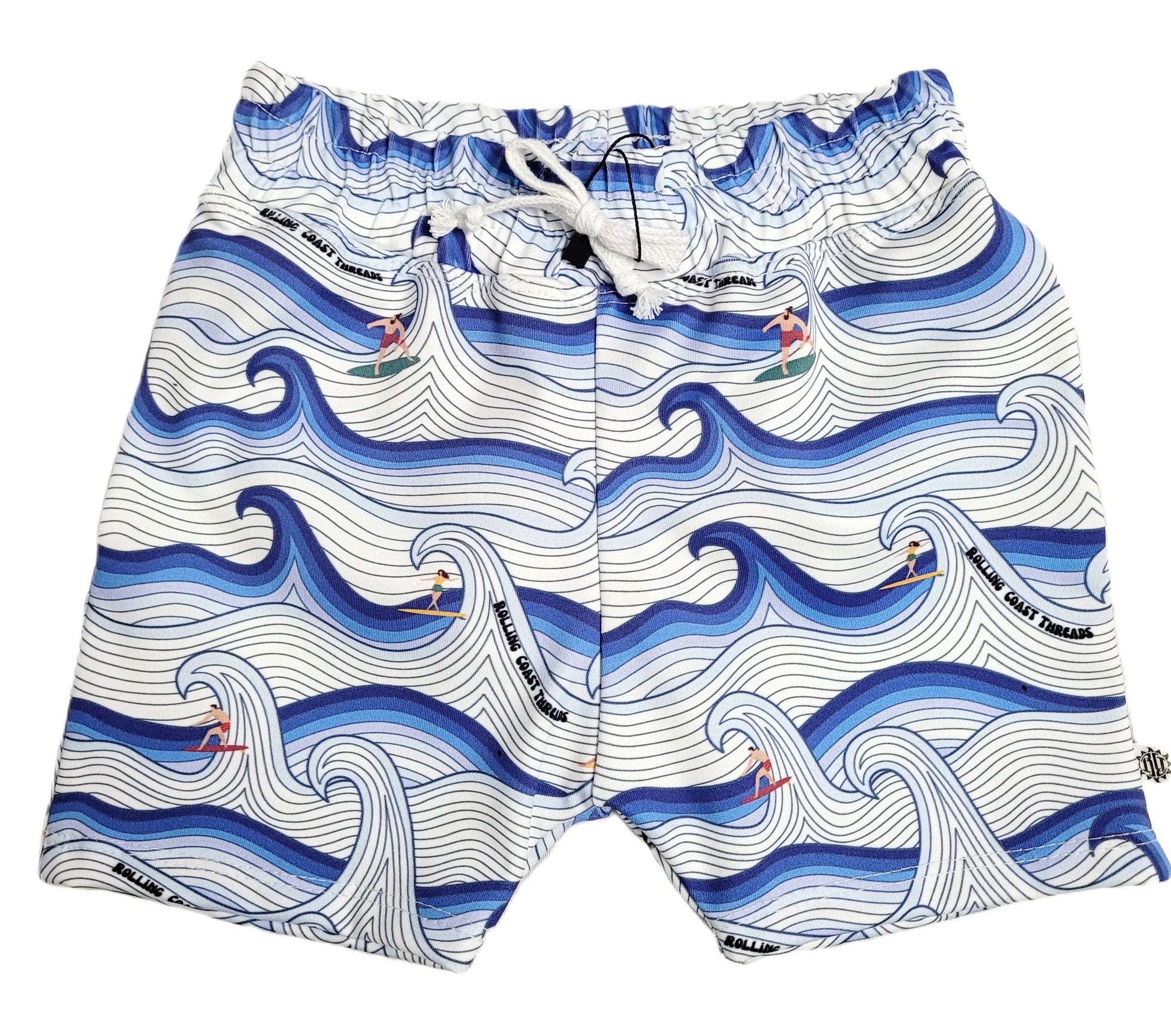Front of Boys swim shorts. White and blue waves with surfers