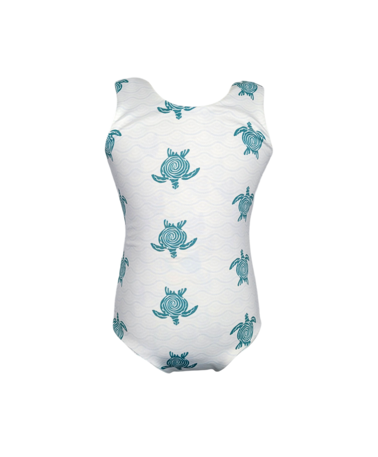 Girls reversible swimsuit. White with teal turtles.