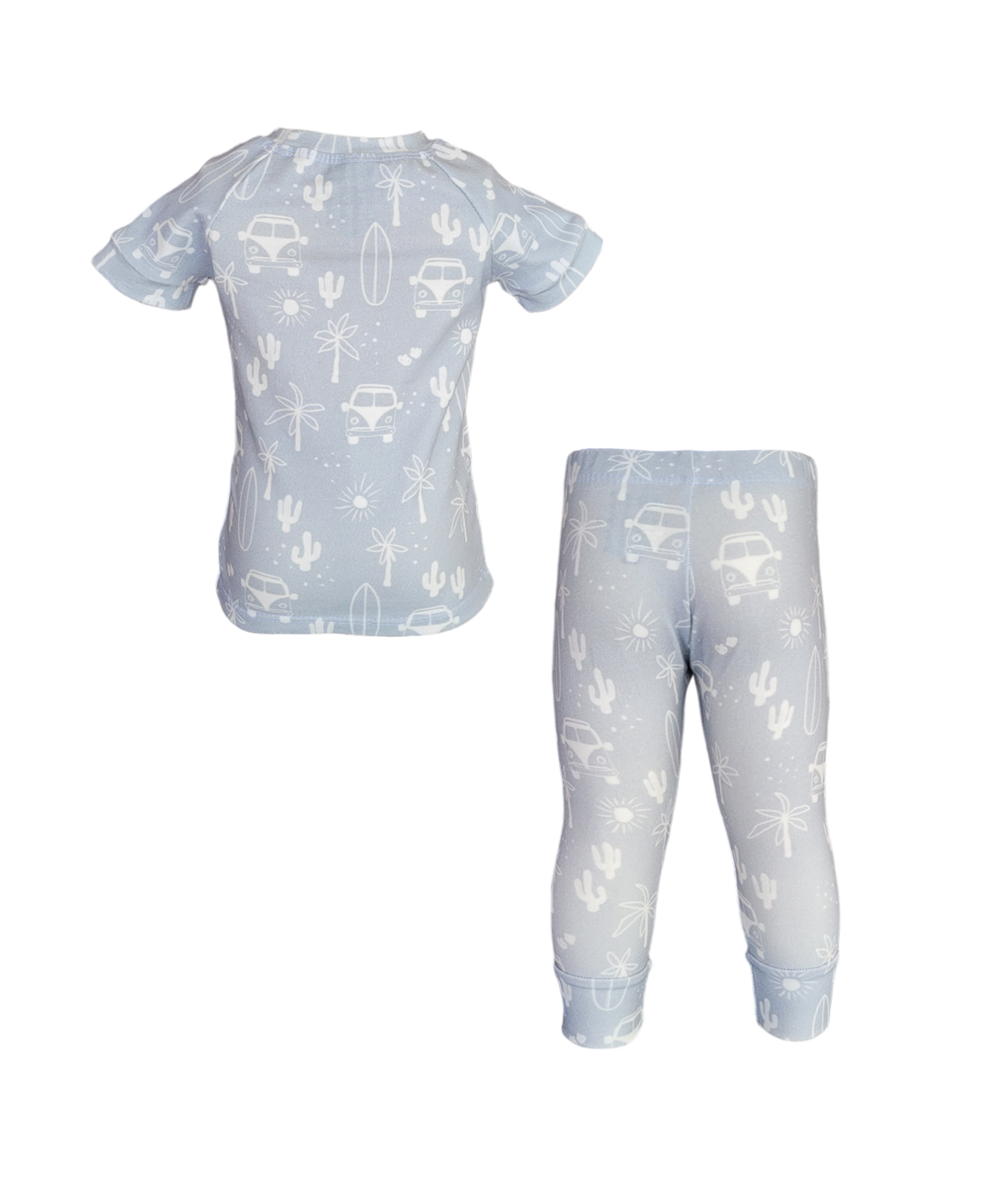 Back of VW Van Pajama Set. Organic light blue short sleeve and pant set with white surfboards, vans and cacti