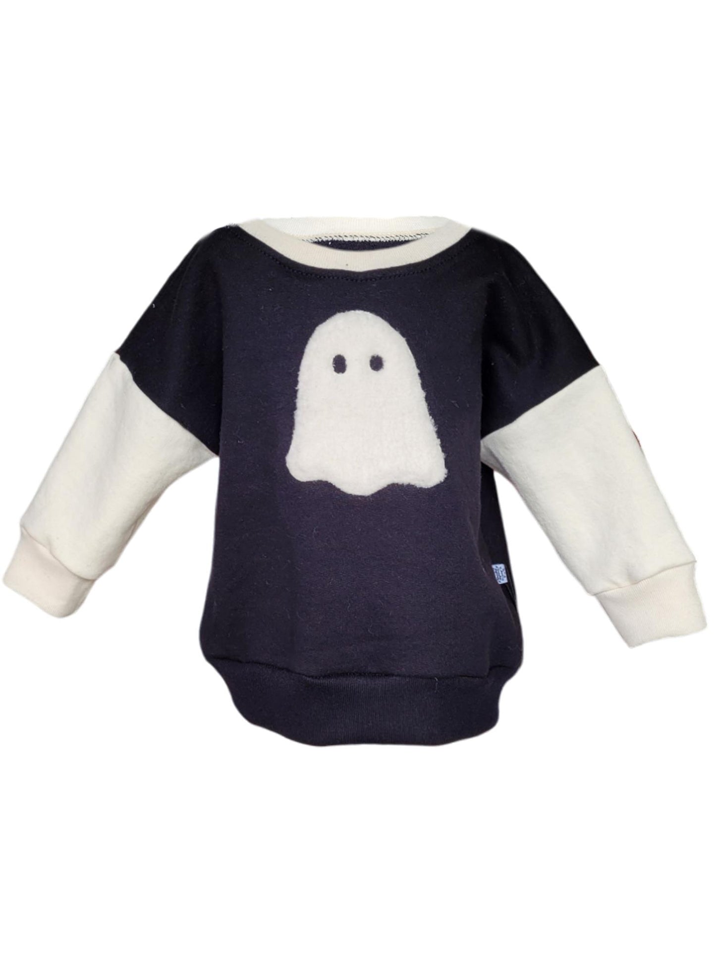 Kids ghost sweatshirt – fuzzy ghost applique on black and white cotton, handmade on Long Island
