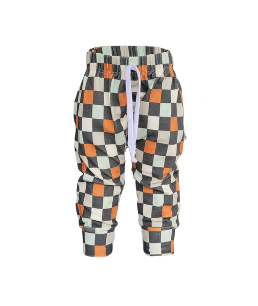 Front of Autumn Checkered Sweatpants. Organic Black, Orange, Olive and Cream Checkered Sweatpants.