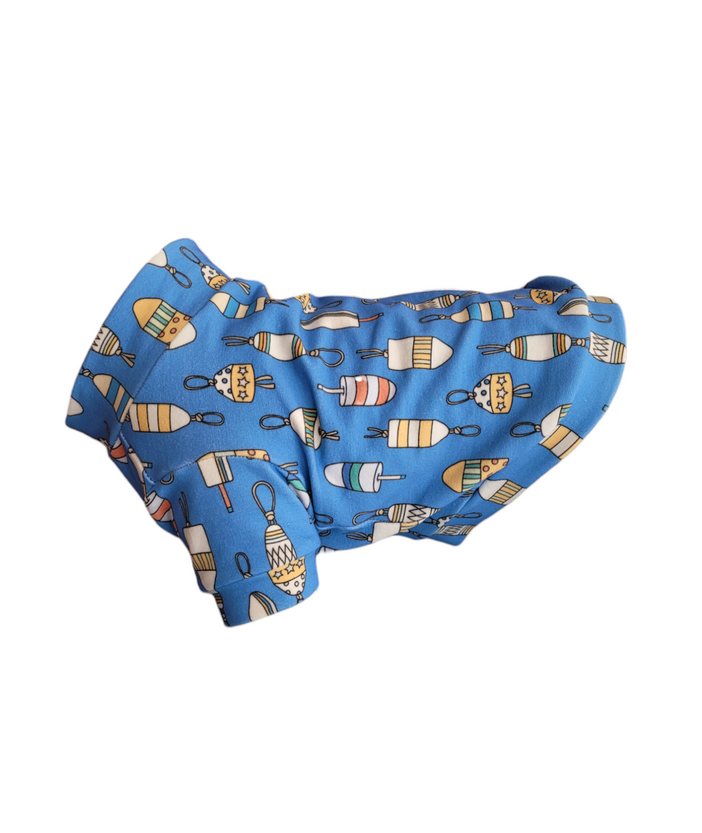 Organic Dog Sweater. Blue dog sweater with multicolored Buoy print