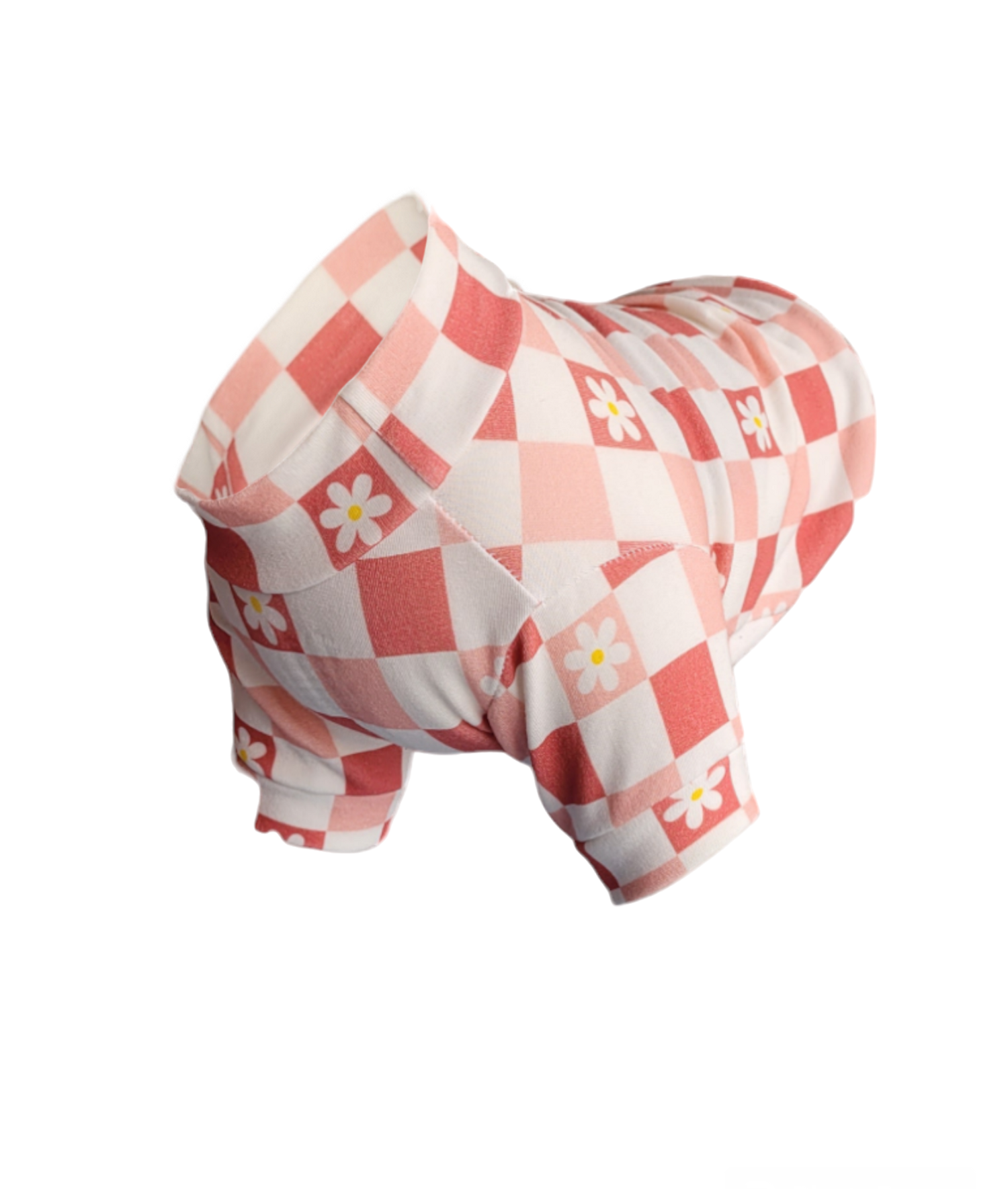 Organic Dog Sweater. White and pink dog sweater checkered and white daisy's