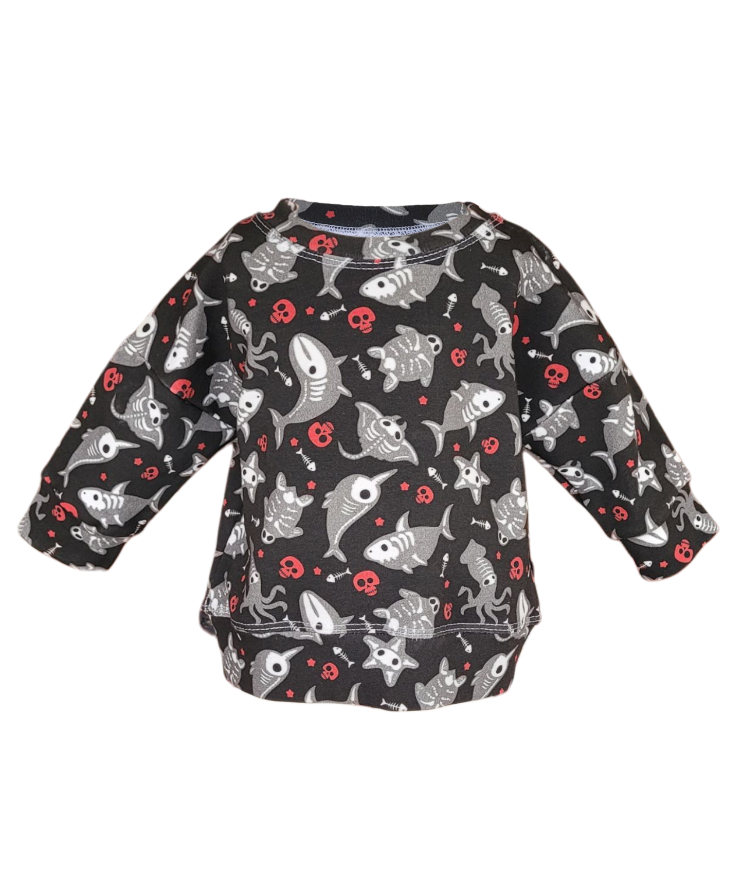Kids skeleton shark sweatshirt – spooky fish and skull print on organic cotton French terry, handmade on Long Island